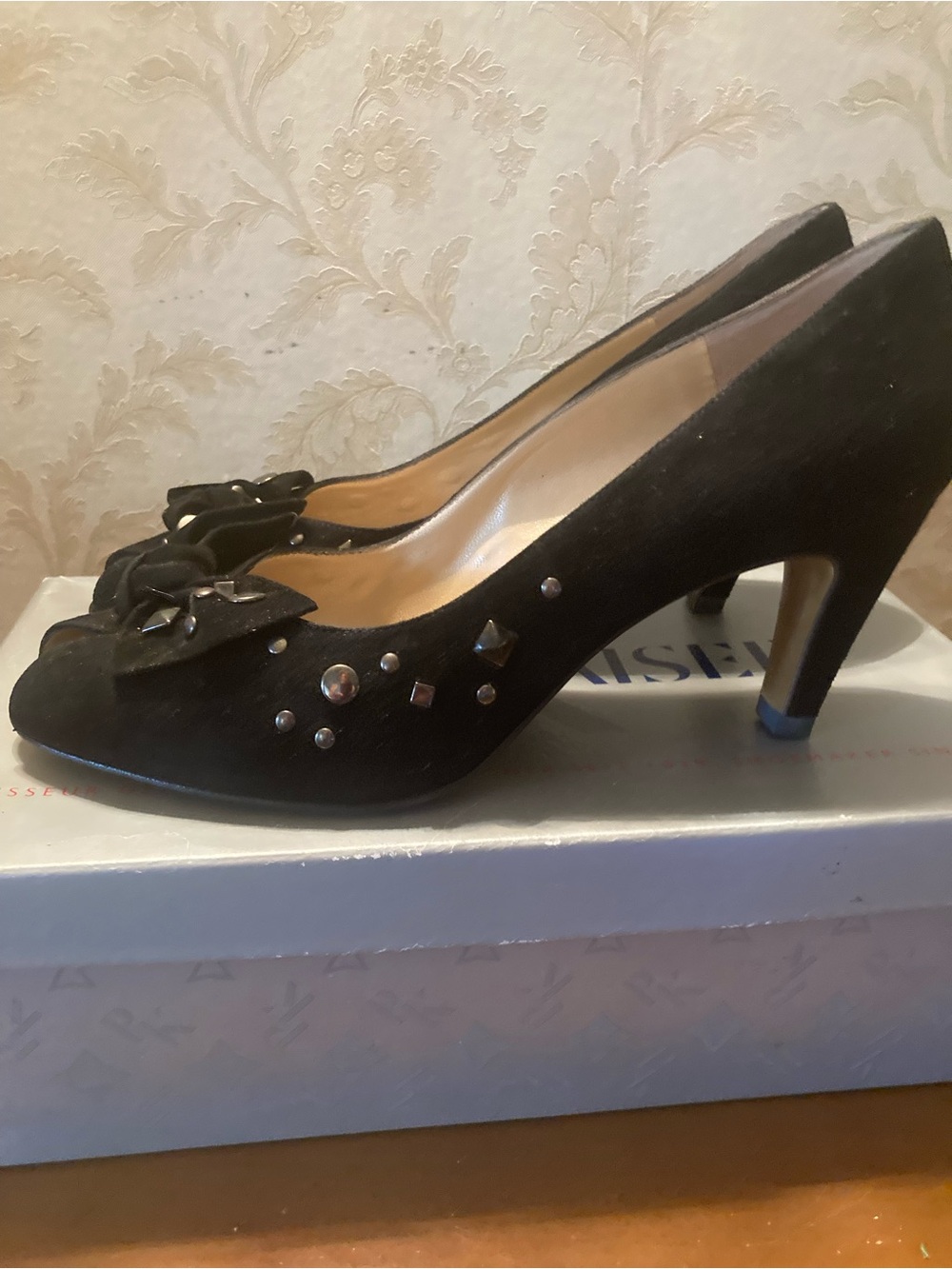 Peter Kaiser Black Suede Bow Pump with Stud Details
